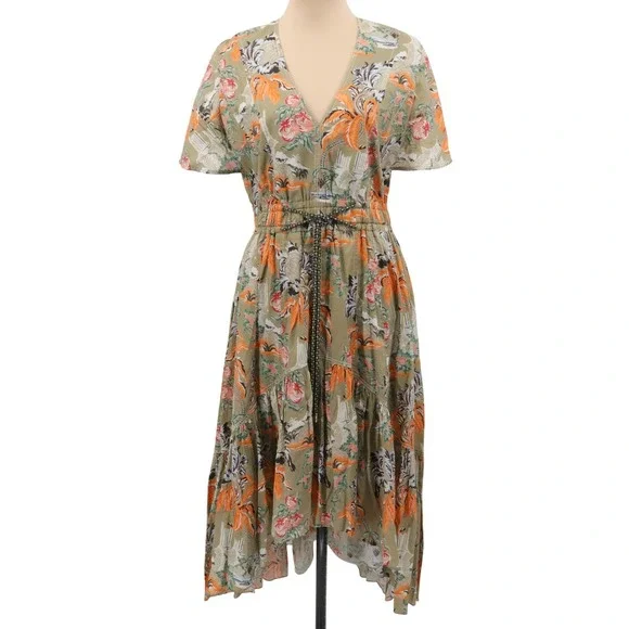 Peter Pilotto Khaki Cotton Floral Gathered Short Sleeve Dress US Size 8 - Picture 2 of 10